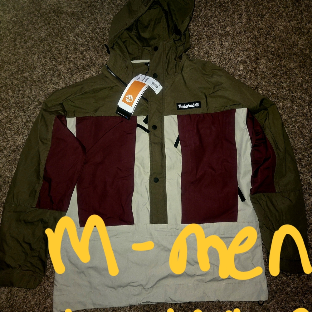 Timberland Green and Red Raincoat with Hooded Design